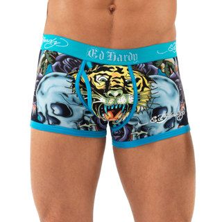 Ed Hardy Mens Open Mouth Tiger Blue Patch Trunk Briefs