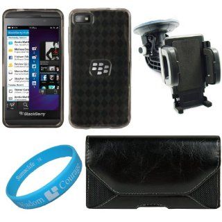Black Classic Faux Leather Nylon Holster Case w/ Fixed Belt Clip & Belt Loops for BlackBerry Z10 Smart Phone + Smoke Argyle Premium TPU Skin Cover Case + Universal Windshield Vehicle Mount + SumacLife TM Wisdom Courage Wristband Cell Phones & Acce