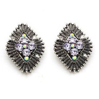 Vintage Metal Textured Rhombus Clip On Earrings / Jewelry with Purple Gemstones   Silver Finish: Dangle Earrings: Jewelry