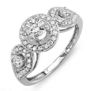 1.00 Carat (ctw) 14k White Gold Round Diamond 3 stone Halo Style Vintage Bridal Engagement Ring 1 CT: Jewelry
