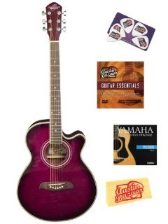 Oscar Schmidt OG10CE Cutaway Acoustic Electric Guitar Bundle with Instructional DVD, Strings, Pick Card, and Polishing Cloth   Flame Transparent Purple: Musical Instruments