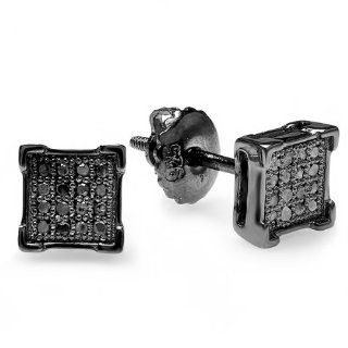 0.10 Carat (ctw) 10K White Gold Black Rhodium Plated Round Diamond V Prong Square Shape Mens Hip Hop Iced Stud Earrings 1/10 CT: Jewelry
