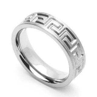 6MM Comfort Fit Stainless Steel Wedding Band Greek Key Ring (Size 6 to 14) Jewelry
