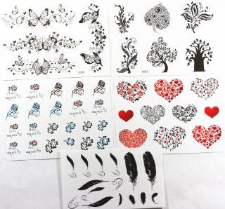 GGSELL GGSELL new design hot selling temporary tattoo stickers combination 5pcs/package different designs, it includes black and white butterflies/black trees/colorful black and white folowers/red hearts/black hearts/flower hearts/feathers/etc.  Body Pain