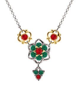 Lucia Costin Y Shaped Necklace Crafted in .925 Sterling Silver with 24K Yellow Gold over .925 Sterling Silver with Twisted Lines, Red and Green Swarovski Crystals, Enriched with Lovely Flowers and Fancy Charms: Choker Necklaces: Jewelry