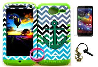 Premium Hybrid 2 in 1 Case Cover Kickstand Teal Anchor on Teal, Black and Gray Chevron Pattern Design Snap on for Verizon Motorola Xt 901 Motorola Electrify M + Lime Silicone (Included: Screen Protector, Anchor Charm Dust Plug and Wristband Exclusively By 