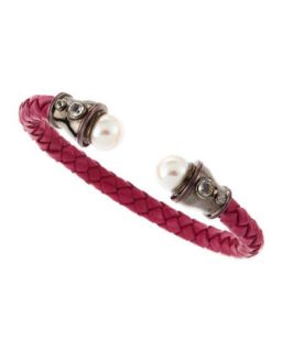 Pearl Capped Woven Leather Cuff, Fuchsia   MCL by Matthew Campbell Laurenza
