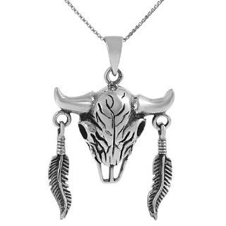 Sterling Silver Native American Buffalo Skull with Feathers Necklace .925 Stamp Hypoallergenic: Jewelry
