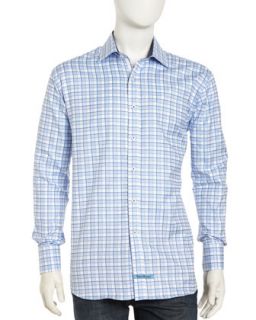Long Sleeve Plaid Button Front Poplin Dress Shirt, Blue
