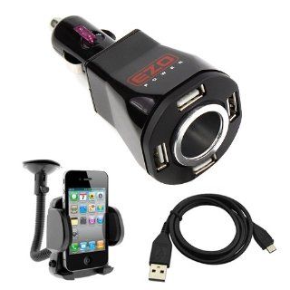 EZOPower Black 4 Port USB Car Charger Vehicle Power Adapter 2A with Extra Socket + Small Car Mount Holder + Micro USB Data Cable for Nokia Lumia 610/ Icon (929)/ 1520/ 1020/ 520/ 620/ 925/ 928/ 521 Android Phone Smartphone Cellphone and more Cell Phones &