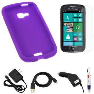 BIRUGEAR Purple Silicone Skin Case Cover + Clear Screen Protector + Car Charger + Travel Charger + Micro USB Data Cable for Samsung ATIV Odyssey SCH i930 (Verizon) with *4 Color Clip Pen* Cell Phones & Accessories