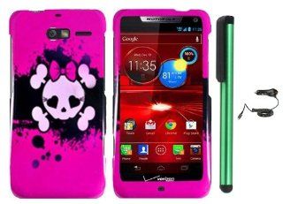Pink Black Heart Love Eye Cute Skull Premium Design Protector Hard Cover Case for Motorola DROID RAZR M XT907 (Verizon) + Luxmo Brand Car Charger + Combination 1 of New Metal Stylus Touch Screen Pen (4" Height, Random Color  Black, Silver, Hot Pink, G