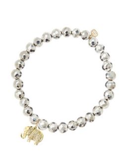 6mm Faceted Silver Pyrite Beaded Bracelet with 14k Gold/Diamond Small Elephant