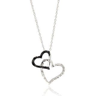 .925 Sterling Silver Double Black & White CZ Open Heart Charm Necklace with 16" 18" Adjustable Chain Pendants Jewelry