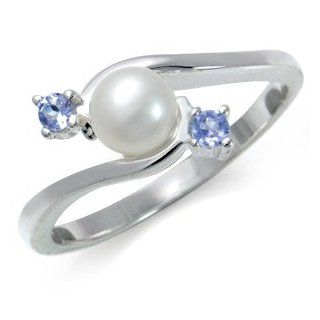 Natural White Pearl & Tanzanite 925 Sterling Silver Ring Size 9: Jewelry
