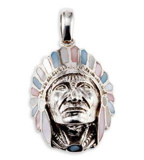 925 Silver Mother of Pearl American Indian Head Pendant: Jewelry