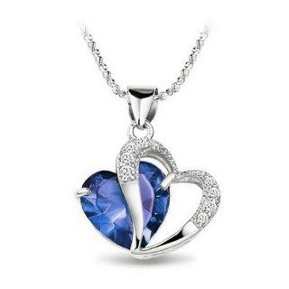 KATGI Fashion Sterling Silver Plated Diamond Accent Austrian Crystals Heart Shape Pendant Necklace (Dark Blue) Jewelry