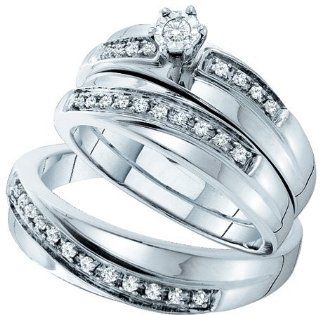 0.26 Carat (ctw) 14k White Gold Brilliant Round White Diamond Men's & Women's Bridal Engagement Ring Trio Set 1/4 CT: Jewelry