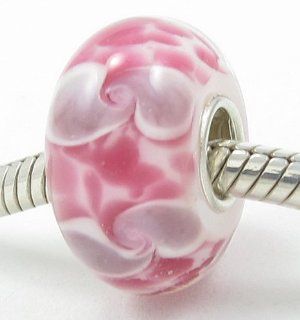 Fun Pink and White Tie Dye European Murano Style Glass Bead Charm with Solid Sterling Silver Single Core Stamped 925 Fits Pandora Biagi Chamilia Troll Bracelets: Jewelry