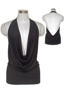 Black Sexy Low Cut Draped Halter Jersey Top: Clothing