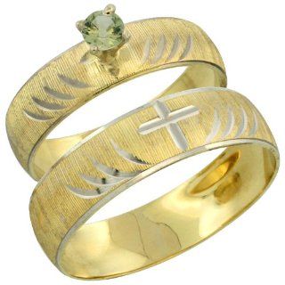 10k Gold 2 Piece 0.25 Carat Green Sapphire Ring Set (Engagement Ring & Man's Wedding Band) Diamond cut Pattern Rhodium Accent, (4.5mm; 5.5mm) wide , Ladies' Sizes 5   10 & Men's Size 8   14: Jewelry