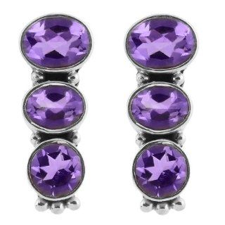 7.20 Ct Round and Oval Cut Purple Amethyst .925 Sterling Silver Earrings: Stud Earrings: Jewelry