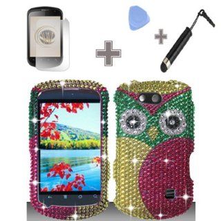 Full Diamond Green Yellow OWL Green Eyes Snap on Hard Case Skin Cover Faceplate with Screen Protector, Case Opener and Stylus Pen for ZTE Groove / X501   Cricket: Cell Phones & Accessories