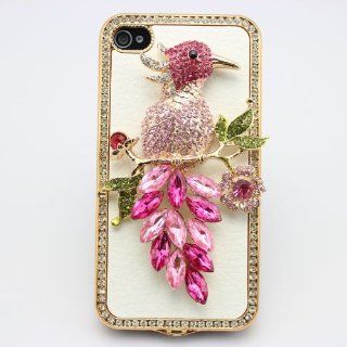 bling 3D white leather pink lark bird diamond rhinestone crystal hard back Case cover for Iphone 4 4g 4s: Cell Phones & Accessories