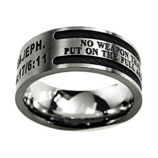 Christian Mens Stainless Steel 10mm Abstinence Black Cable "No Weapon That is Formed Against You Will Prosper. Put on the Full Armor of God, to Stand Firm Against the Schemes of the Devil" Isaiah 54:17 / Ephesians 6:11 Cable Black Enamel Comfort 