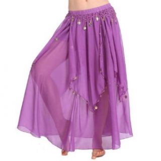 BellyLady Belly Dance Chiffon Full Circular Skirt With Gold Coins, Purple: Clothing