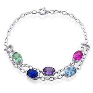 Sterling Silver Multi Gemstone Link Bracelet 8": Jewelry
