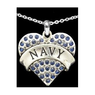 From the Heart Valentine's Day, Mother's Day, or any Day Dark BLUE Crystal Rhinestone Heart Necklace celebrating The USA NAVY Military Pendant with NAVY engraved in the center. Heart Pendant is approximately 1 1/2 inch long with Dark Blue Crysta