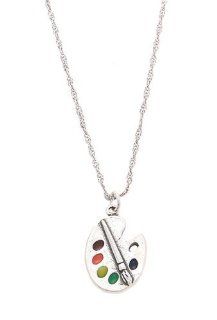 Silver Enamel Artist Paint Palette and Brush with Thin Singapore Necklace (16 Inches): Jewelry
