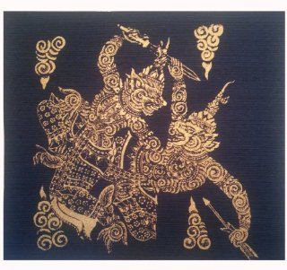 Thai Silk Battle Between Thosaganth (Ravana) and Hanuman Handmade Picture Art 11"Wx10"H: