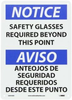 NMC ESN18AB Bilingual OSHA Sign, Legend "NOTICE   SAFETY GLASSES REQUIRED BEYOND THIS POINT", 14" Length x 10" Height, 0.040 Aluminum, Black/Blue on White: Industrial Warning Signs: Industrial & Scientific