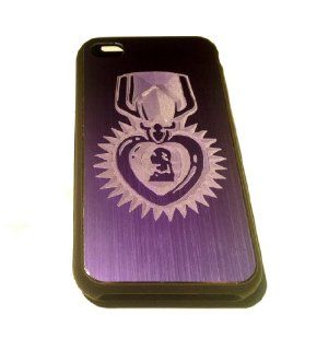 Apple Iphone Custom Case 4 4s Black Purple Aluimium Back Metal Plate   Purple Heart of Bravery Armed Forces Army Marines Navy Airforce Coast Guard Engraved Logo Cell Phones & Accessories