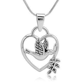 925 Sterling Silver Cut Out Peace Dove Bird in Heart Shaped Pendant with Sterling Silver Necklace Chain 18'' Jewelry for Women   Nickel Free: Jewelry