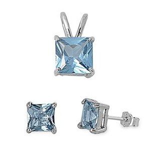 Sterling Silver Sets   Aquamarine Square (Comes with Gift Box): Jewelry