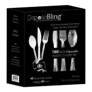 DisposaBling Plastic Silver Cutlery Set   160 Piece Party Flatware Kit Includes Knives, Forks, Spoons   Plus BONUS FORKS   Heavy Duty   Perfect for Weddings, Parties, Functions and during the Festive Season   Looks like Real Silverware!: Kitchen & Dini