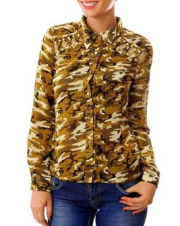 G2 Chic Women's Camo Top with Cut Out Detailing and Open Back(TOP SHT, BRN S) at  Womens Clothing store