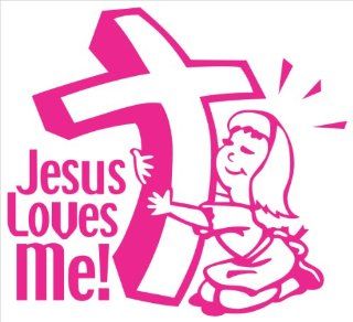 Jesus Loves Me, Little Girl Hugging Cross (3.3 inches in HOT PINK), Decal for Car, Laptop, Tabletop, Window, EtcVinyl Decal WITH FREE SHIPPING: Everything Else