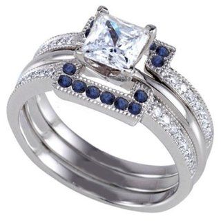 Ann Harrington Jewelry 14k White Gold .14 Ct Tw Diamond Pave And Genuine Blue Sapphire Antique Style Halo Ring Guard For Princess, Radiant, Cushion Etc.: Jewelry