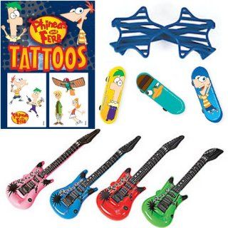 Phineas and Ferb Party Favor Pack   40 Pc (10 Phineas & Ferb Skateboards, 10 Phineas & Ferb Tattoo Sheets, 10 Inflatable Guitars, 10 Shutter Shade Glasses): Toys & Games