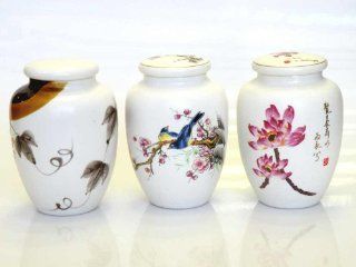 Porcelain Hand Painted Art Works Tea Jars(3 pcs/Sets) These Vintage Porcelain Jars Are Colorful With Artist Hand Painting Designs. It Comes Lily Flowers, Birds and Dragonfly Etc There Are a Lid With Air Stopper. All Hand Painted Artworks. Both Functional