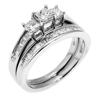 14k White Gold 1.10 Carats Princess & Baguette 3 Stone Diamond Ring Bridal Set: TheJewelryMaster: Jewelry