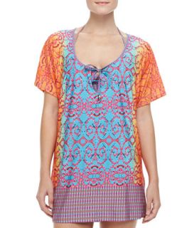 Womens Bejeweled Jersey Short Sleeve Tunic Coverup   Nanette Lepore   Multi