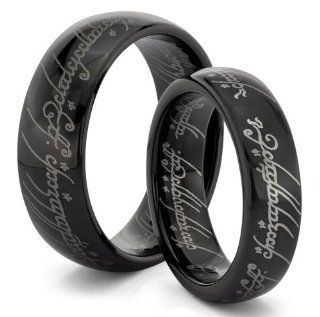 His & Hers 8MM/6MM Tungsten Black Lord LOTR Style Engraved One Wedding Band Ring Set (Available in Sizes 4 14 Including Half Sizes): Jewelry