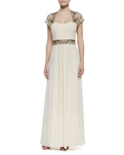 Womens Cap Sleeve Beaded Shoulder & Waist Gown, Champagne   Sue Wong  