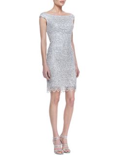 Womens Off Shoulder Sequined Lace Cocktail Dress, Platinum   Kay Unger New