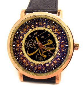 Arabic Calligraphy "Muhammad Peace Be Upon Him (SAWW)" Fantastic Large Format Gents 24k Gold Polish Wrist Watch: Watches